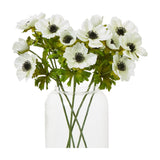 Hill Interiors White Anemone Spray arrangement with layered white petals and dark centres, displayed in a clear glass jar vase against a white background.