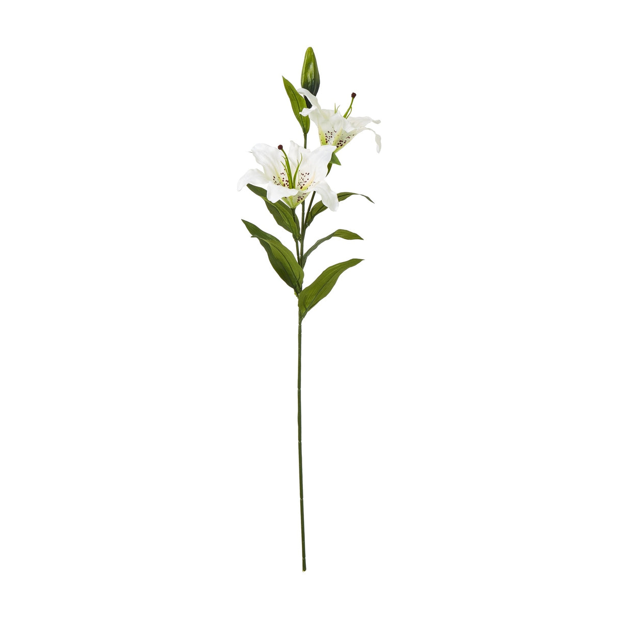 Hill Interiors White Madonna Lily Spray with two open white blooms, curling petals, tight bud and green lance-shaped leaves on a long stem.