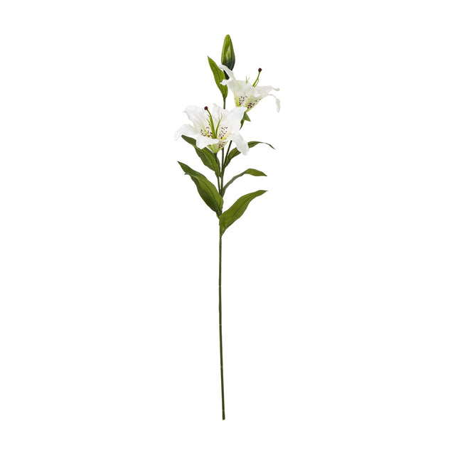Hill Interiors White Madonna Lily Spray with two open white blooms, curling petals, tight bud and green lance-shaped leaves on a long stem.
