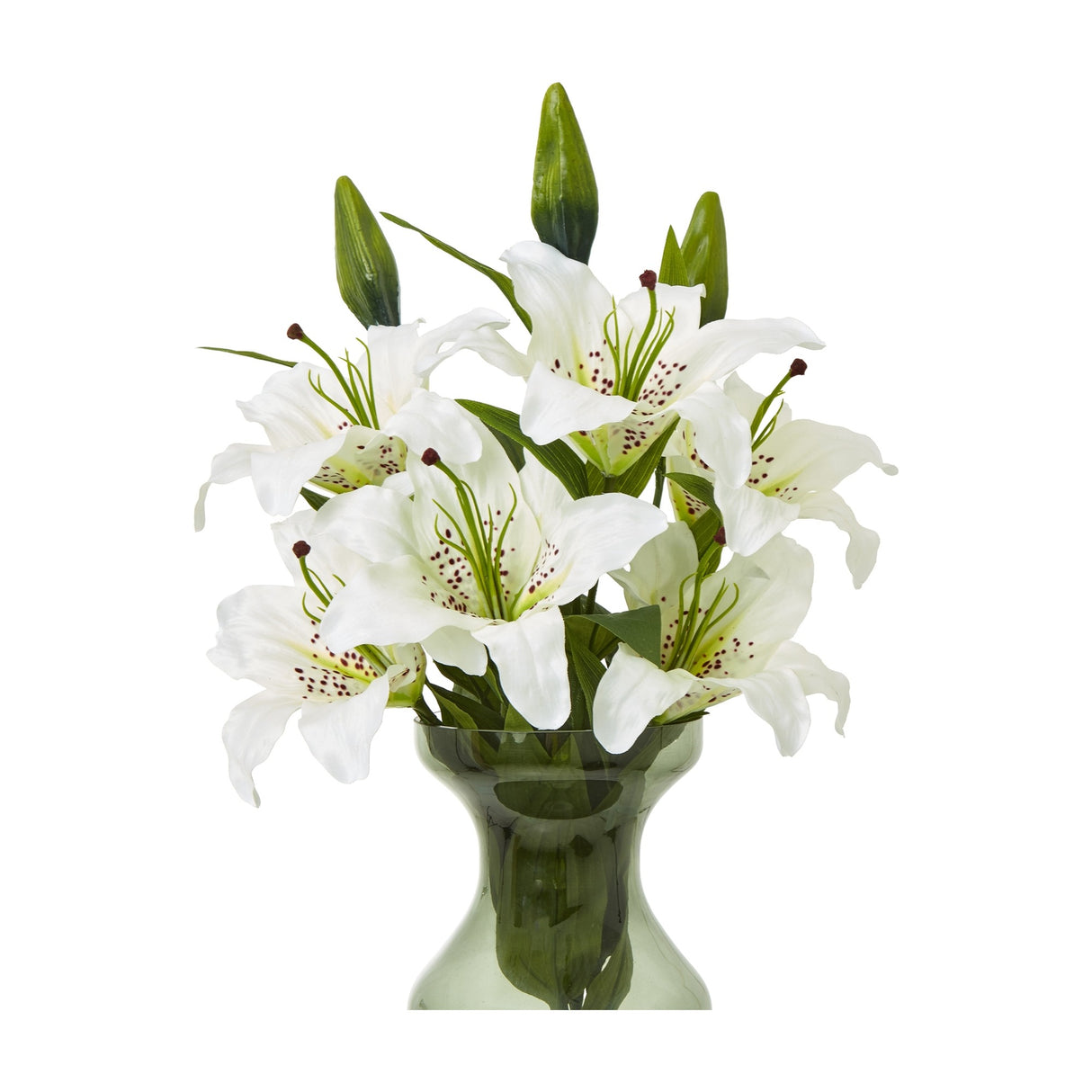 Hill Interiors White Madonna Lily Spray with open blooms, spotted centres and tight green buds arranged in a green glass vase on a white background.
