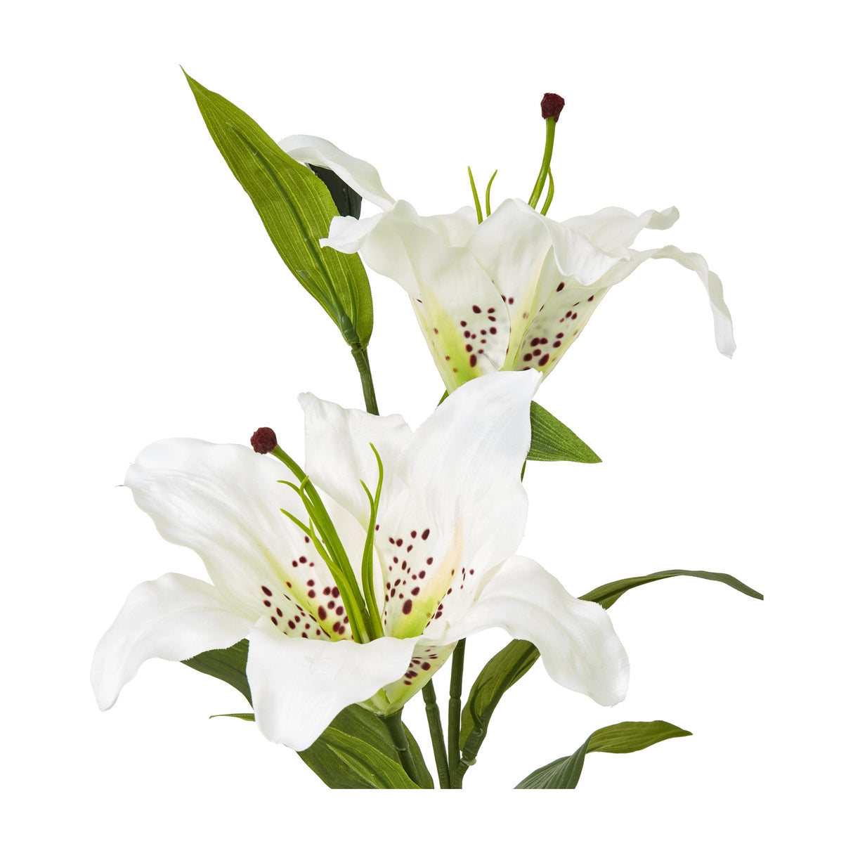 Hill Interiors White Madonna Lily Spray showing two open white lily blooms with burgundy-speckled centres, slender stamens and green lance-shaped leaves.
