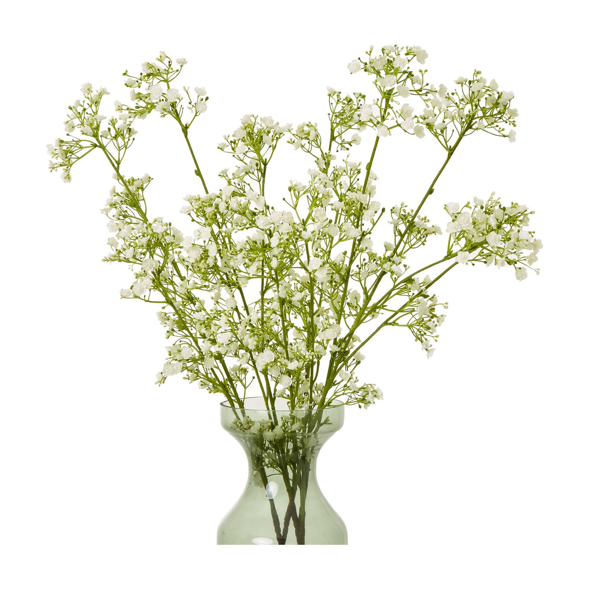 Hill Interiors Cream Gypsophila Spray with clusters of tiny pale blooms on fine branching stems, arranged in a green glass vase against a white background.