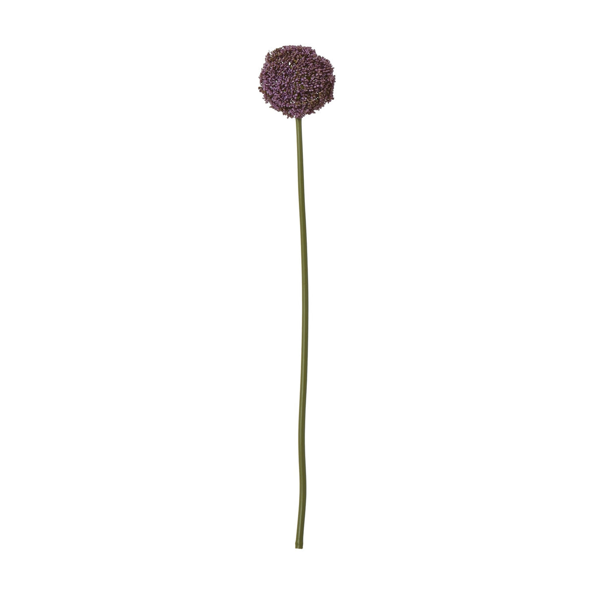Hill Interiors Purple Allium Stem faux plant with a rounded pom-pom head of tiny purple florets on a slim green stem, shown on a plain white background.