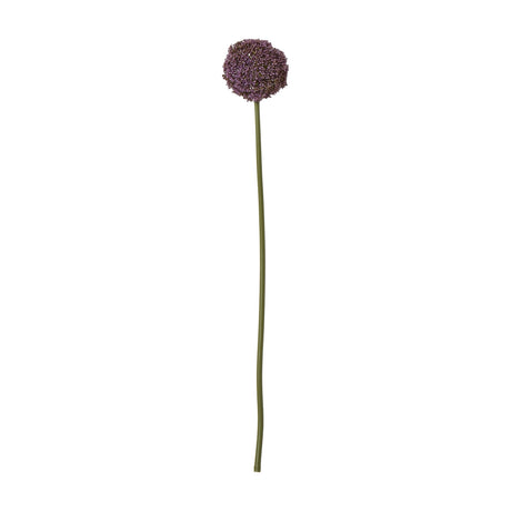 Hill Interiors Purple Allium Stem faux plant with a rounded pom-pom head of tiny purple florets on a slim green stem, shown on a plain white background.