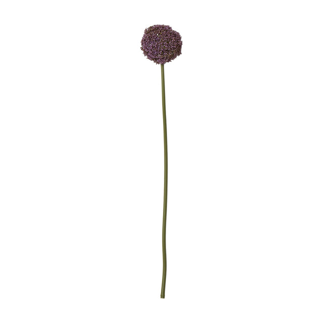 Hill Interiors Purple Allium Stem faux plant with a rounded pom-pom head of tiny purple florets on a slim green stem, shown on a plain white background.