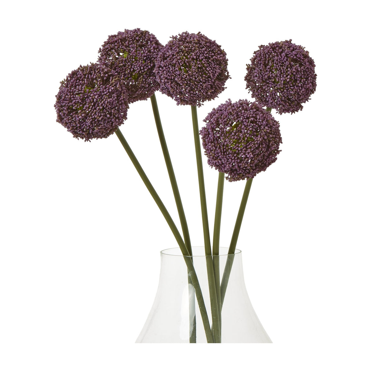 Hill Interiors Purple Allium Stems arranged as five faux flowers with round purple pom-pom heads on tall green stems in a clear glass vase.