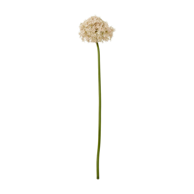 Hill Interiors Pink Giant Allium Stem, a tall faux flower with a rounded cluster of pale pink star-shaped florets on a green plastic stem, on white.