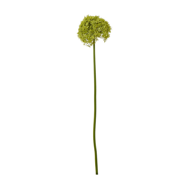 Hill Interiors Green Giant Allium Stem, a tall faux flower with a spherical head of small star-shaped green florets on a slender curved stem.