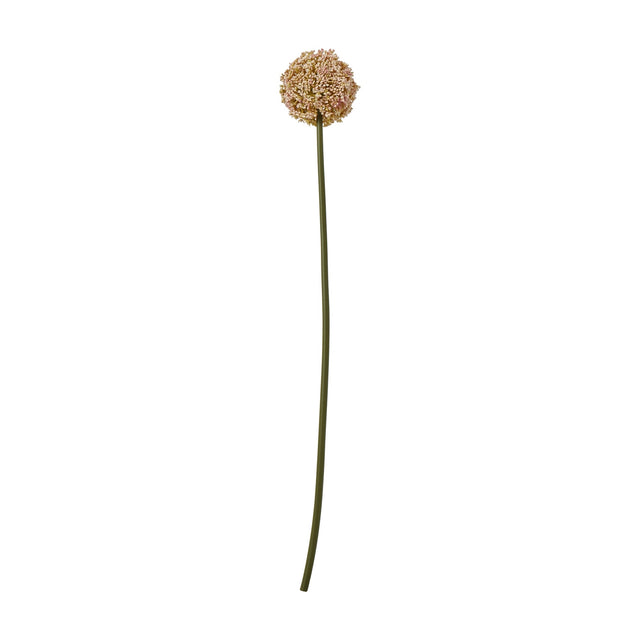 Hill Interiors Pink Allium Stem, a faux flower with a pom-pom globe head in soft pink tones on a long curved green stem, shown on a white background.