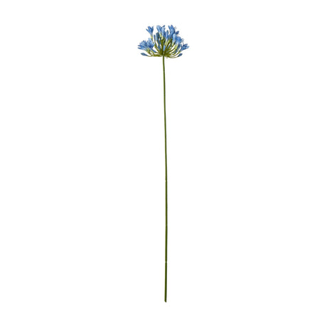 Hill Interiors Blue Agapanthus Stem, a tall faux flower with a rounded cluster of small blue trumpet-shaped blooms on a slim green stalk, on white.