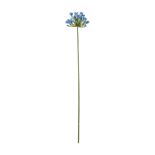 Hill Interiors Blue Agapanthus Stem, a tall faux flower with a rounded cluster of small blue trumpet-shaped blooms on a slim green stalk, on white.