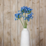 Hill Interiors Blue Agapanthus Stems arranged in a tall white ceramic vase against a light wooden plank background, showing rounded blue trumpet-bloom heads.