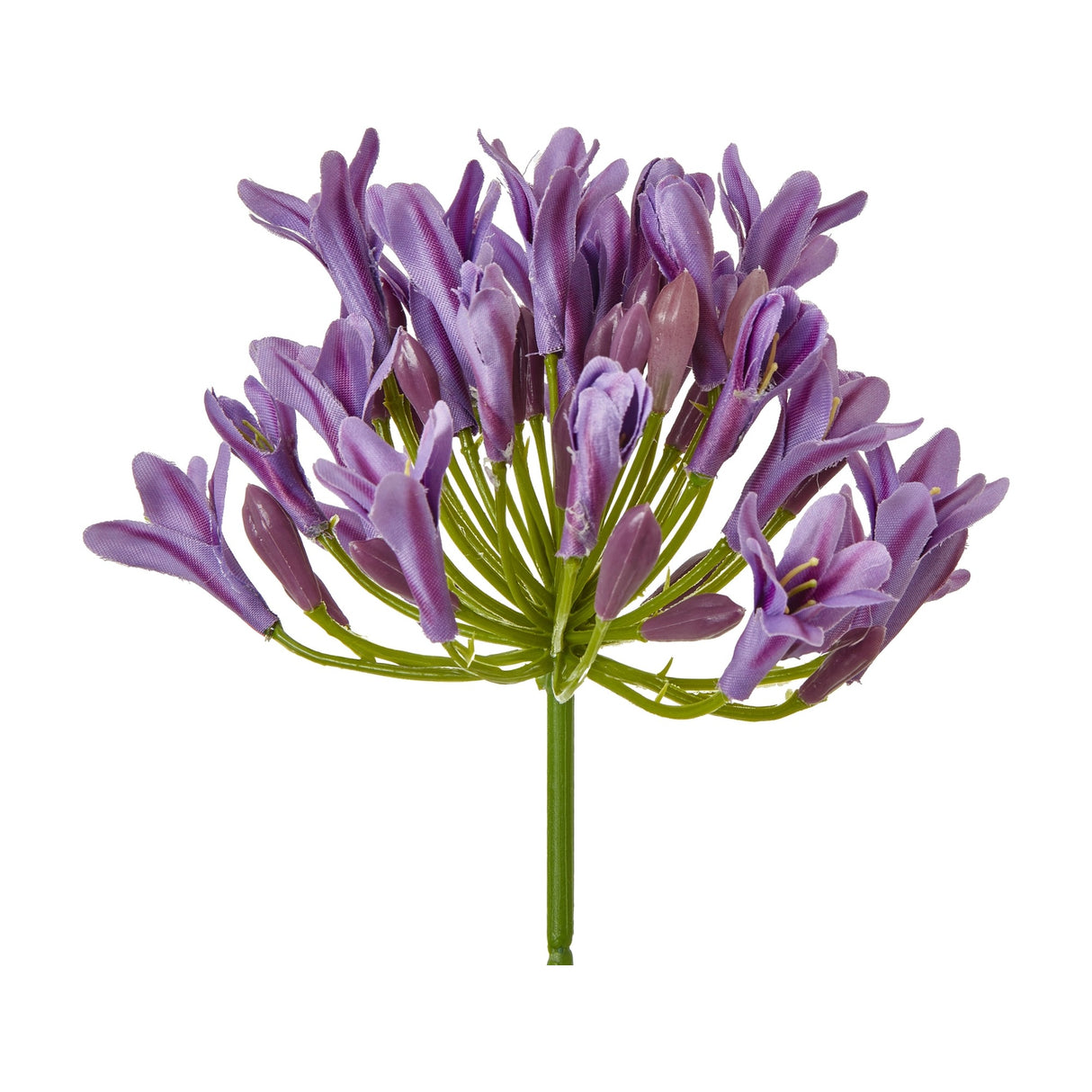 Hill Interiors Lilac Agapanthus Spray shown as a faux flower stem with a rounded cluster of purple blooms on a green stem, on a white background.