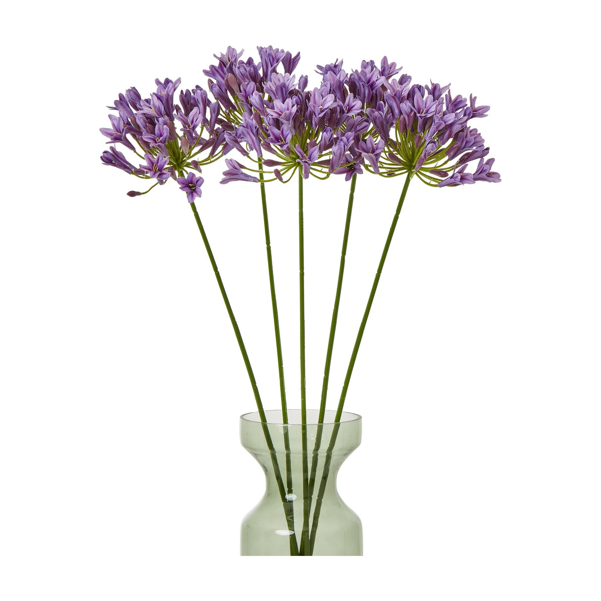 Hill Interiors Lilac Agapanthus Spray with five tall stems of clustered purple blooms arranged in a green glass vase against a white background.