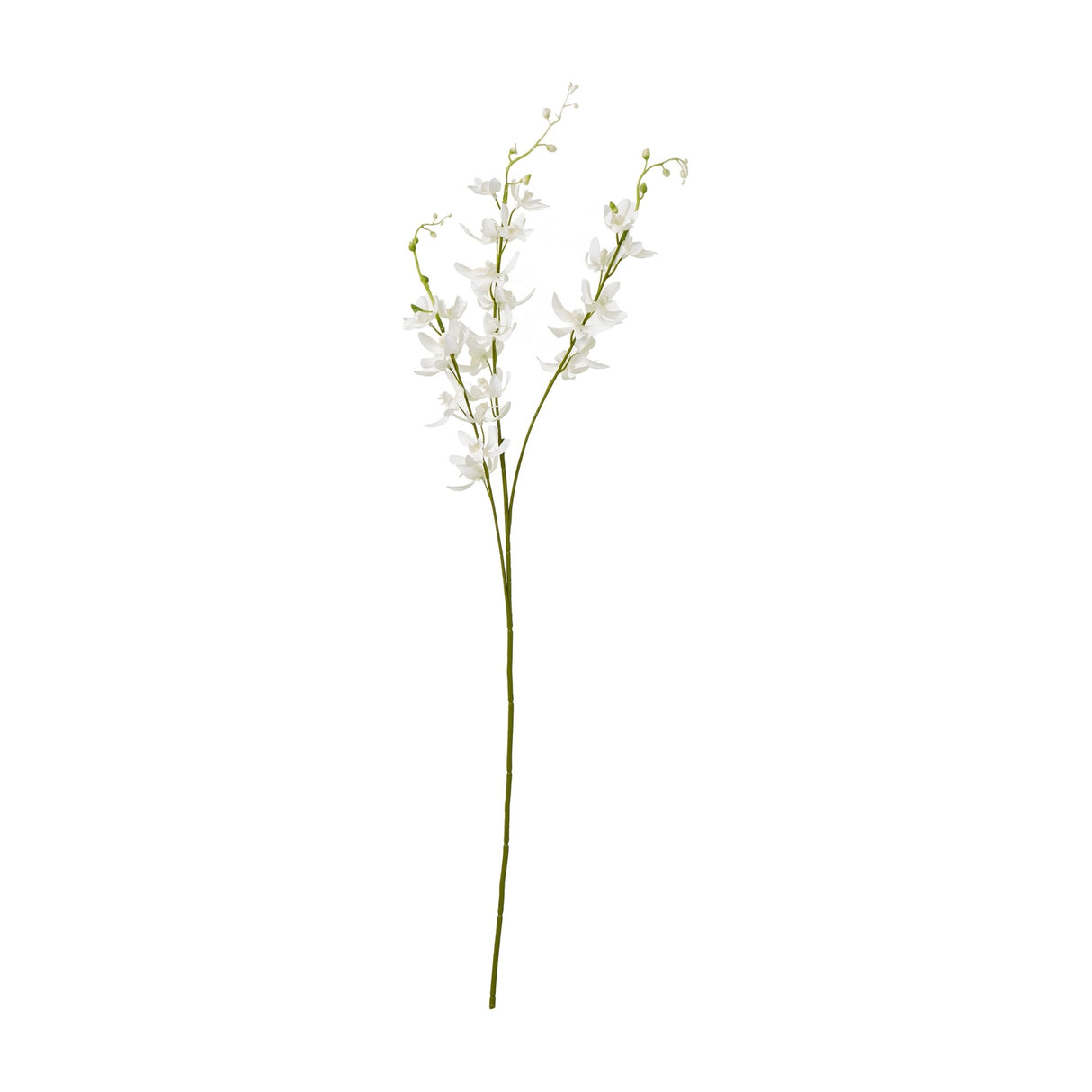 Hill Interiors White Cymbidium Spray, a tall 95cm faux orchid stem with layered white blooms and buds along a slender green stalk, on a white background.