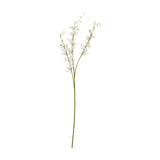 Hill Interiors White Cymbidium Spray, a tall 95cm faux orchid stem with layered white blooms and buds along a slender green stalk, on a white background.