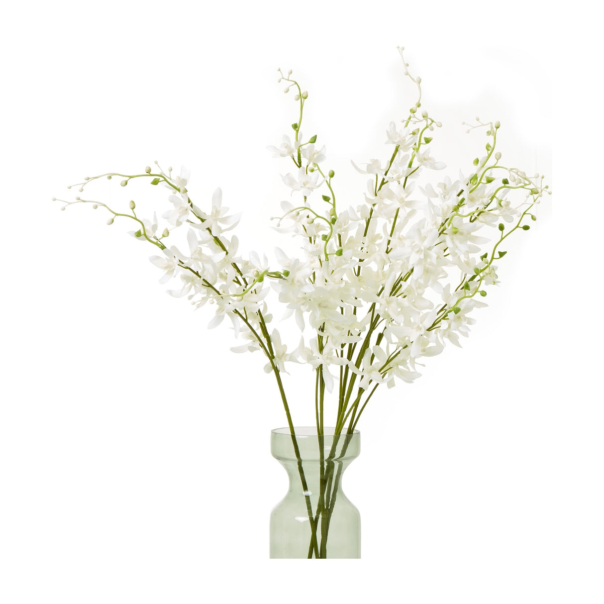 Hill Interiors White Cymbidium Spray faux orchid stems with layered white blooms and green stems arranged in a tall green glass vase.