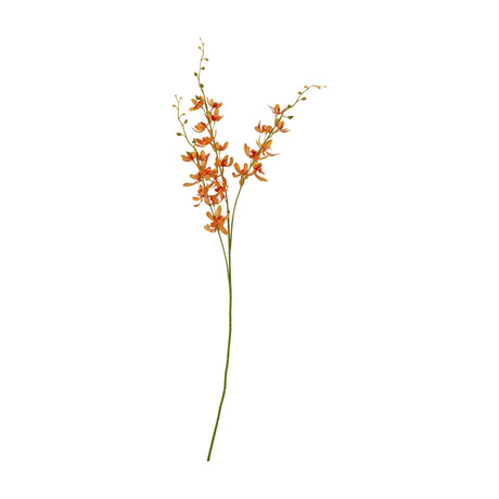 Hill Interiors Orange Cymbidium Spray faux flower stem with layered orange orchid blooms and buds on a bendable green stem, shown on a plain white background.