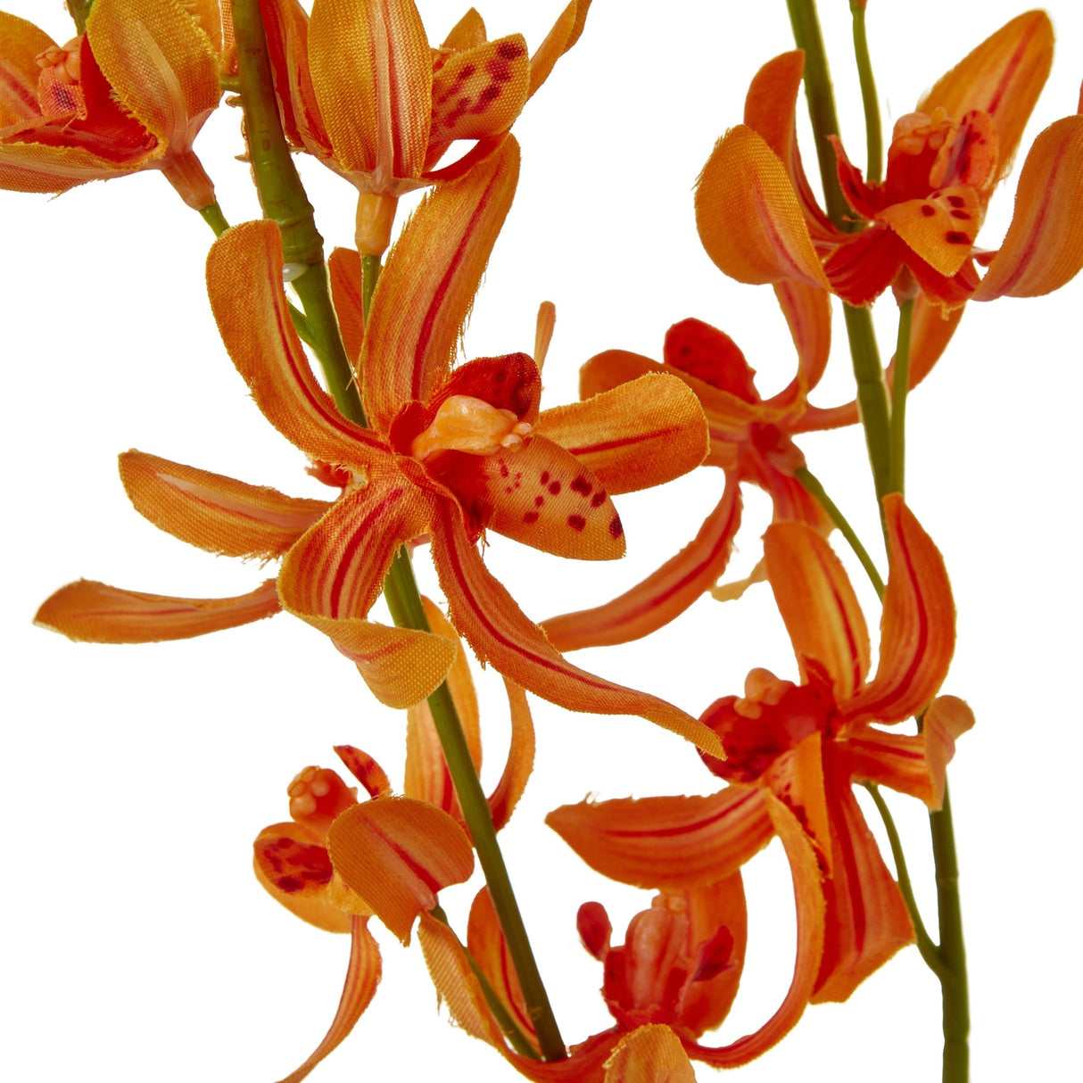 Hill Interiors Orange Cymbidium Spray close-up showing layered orchid blooms with ruffled lips, red-flecked throats and striped petals on green stems.