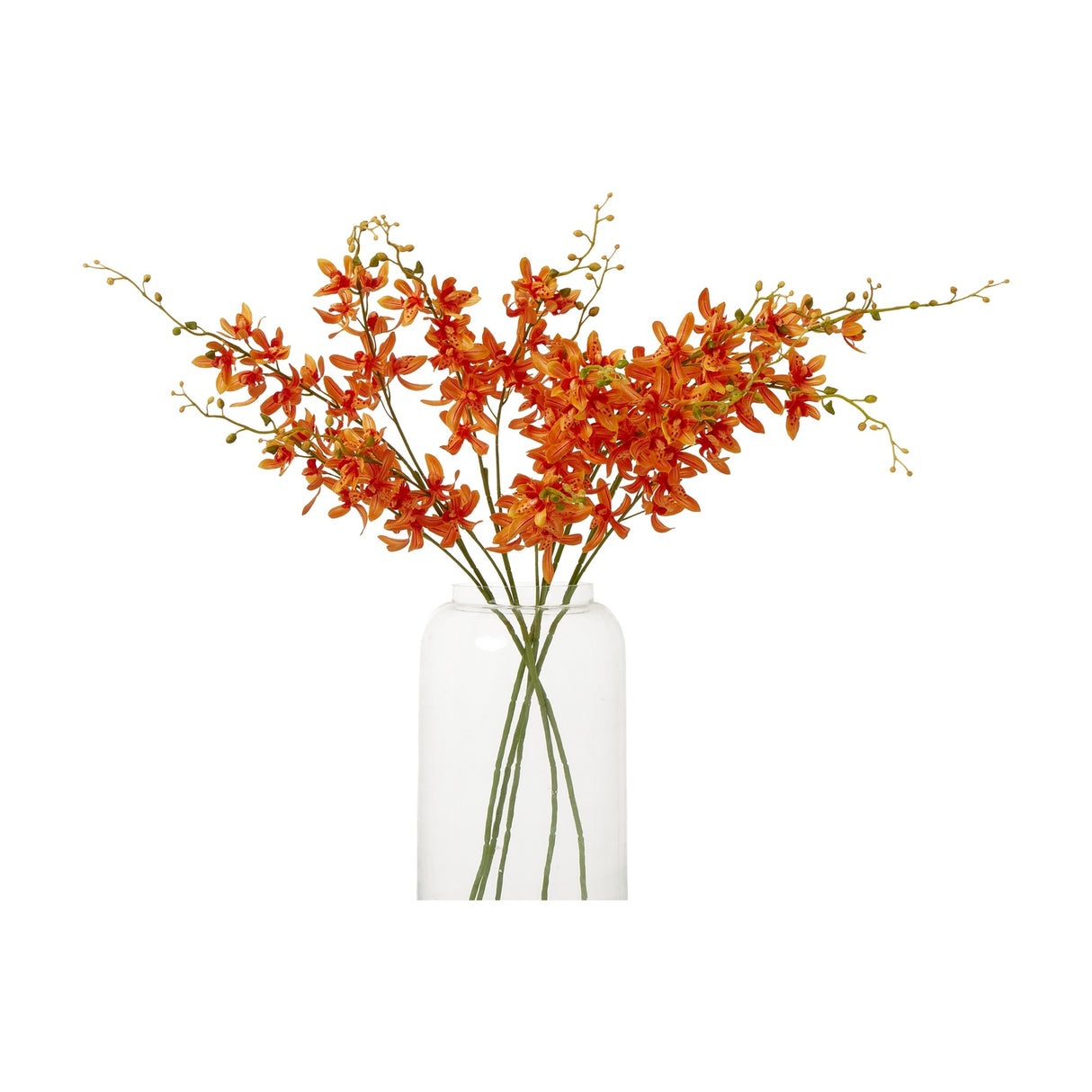 Hill Interiors Orange Cymbidium Spray faux orchid stems with layered petals and buds, arranged in a clear glass vase on a white background.