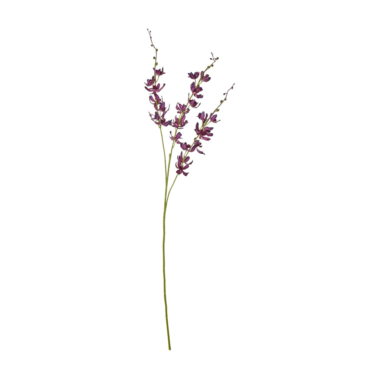 Hill Interiors Purple Cymbidium Spray, a tall faux orchid stem with arched branches of layered purple blooms and slim green stalks, on a white background.