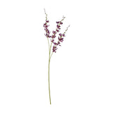Hill Interiors Purple Cymbidium Spray, a tall faux orchid stem with arched branches of layered purple blooms and slim green stalks, on a white background.