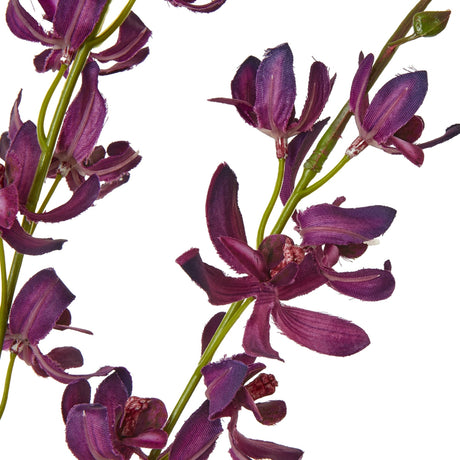 Close-up of Hill Interiors Purple Cymbidium Spray showing deep purple orchid blooms with layered petals along slender green stems on a white background.