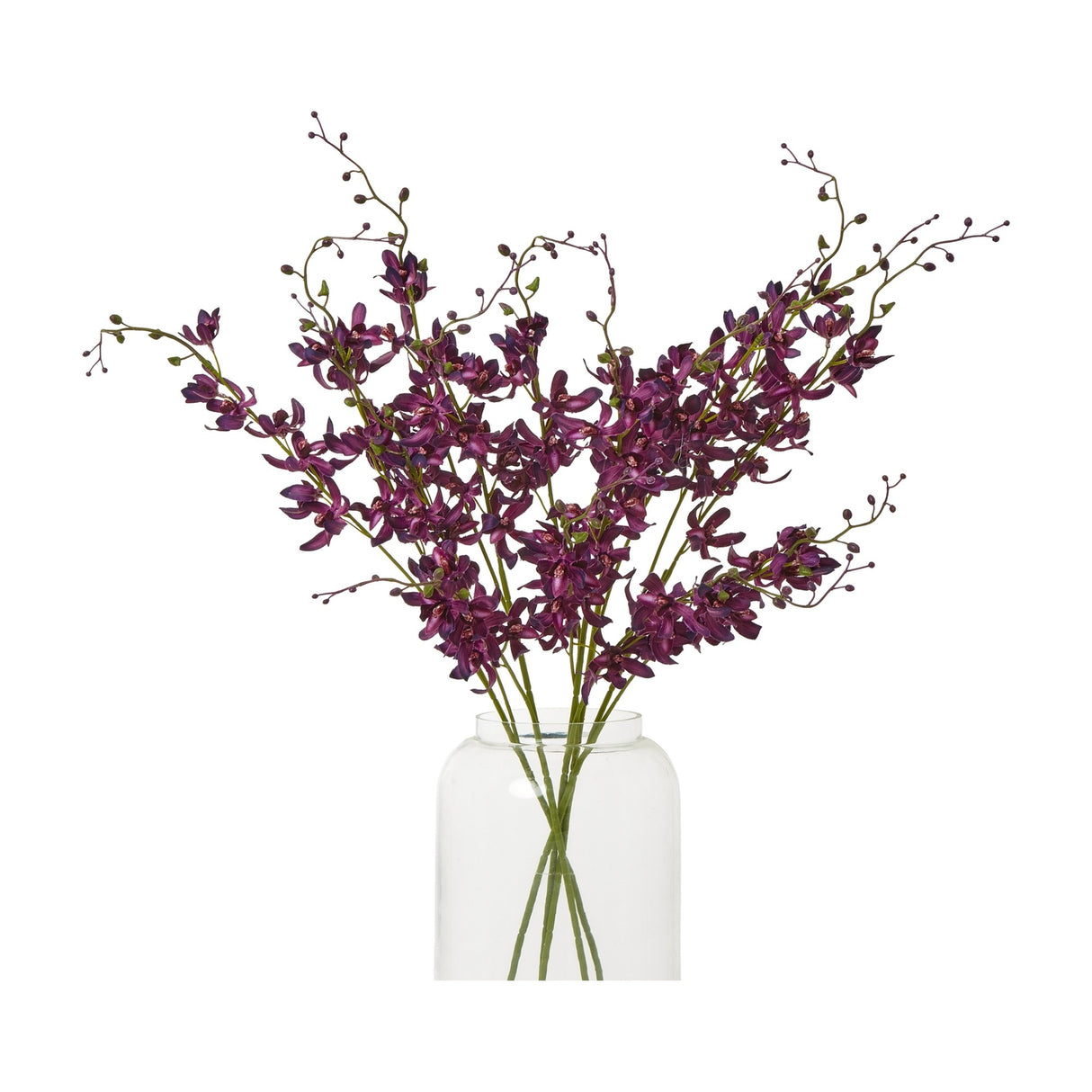 Hill Interiors Purple Cymbidium Spray arranged as tall faux orchid stems with deep purple blooms and slim buds in a clear glass jar vase.