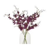 Hill Interiors Purple Cymbidium Spray arranged as tall faux orchid stems with deep purple blooms and slim buds in a clear glass jar vase.