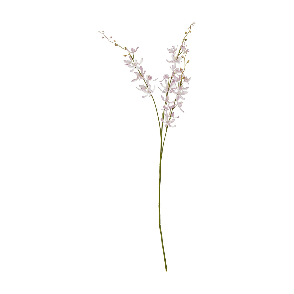 Hill Interiors Lilac Cymbidium Spray, a tall faux orchid stem with soft purple blooms along two arching branches, shown on a plain white background.