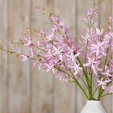 Hill Interiors Lilac Cymbidium Spray with soft purple orchid blooms and buds arching from a white vase against a pale wood panel background.