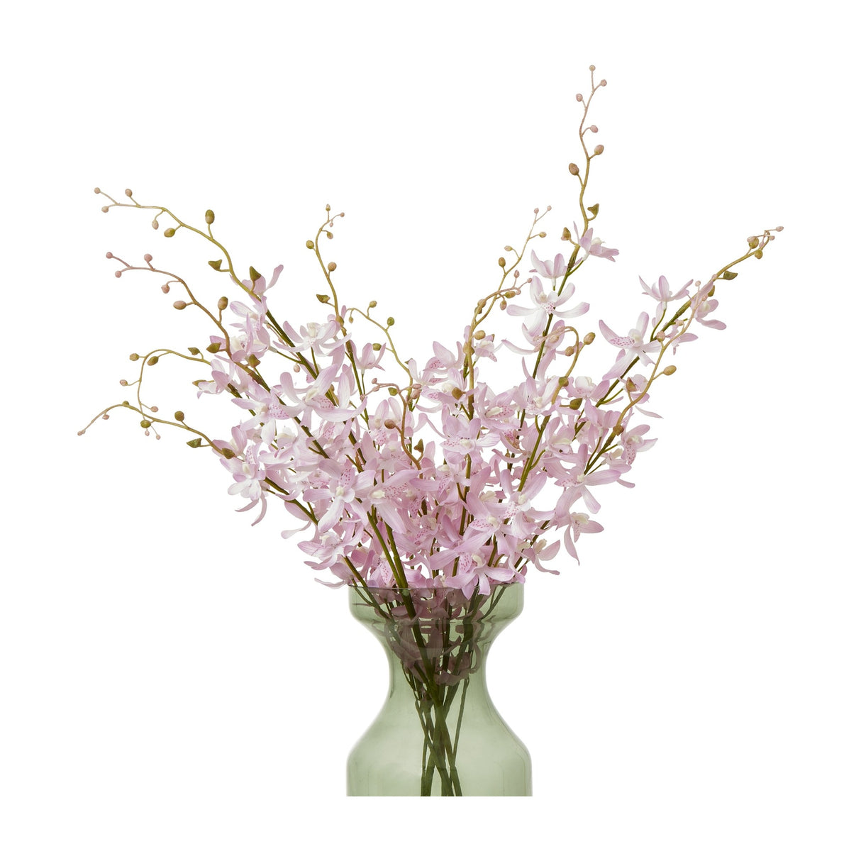 Hill Interiors Lilac Cymbidium Spray faux orchid stems with soft purple blooms and slender budded branches, arranged in a green glass vase.