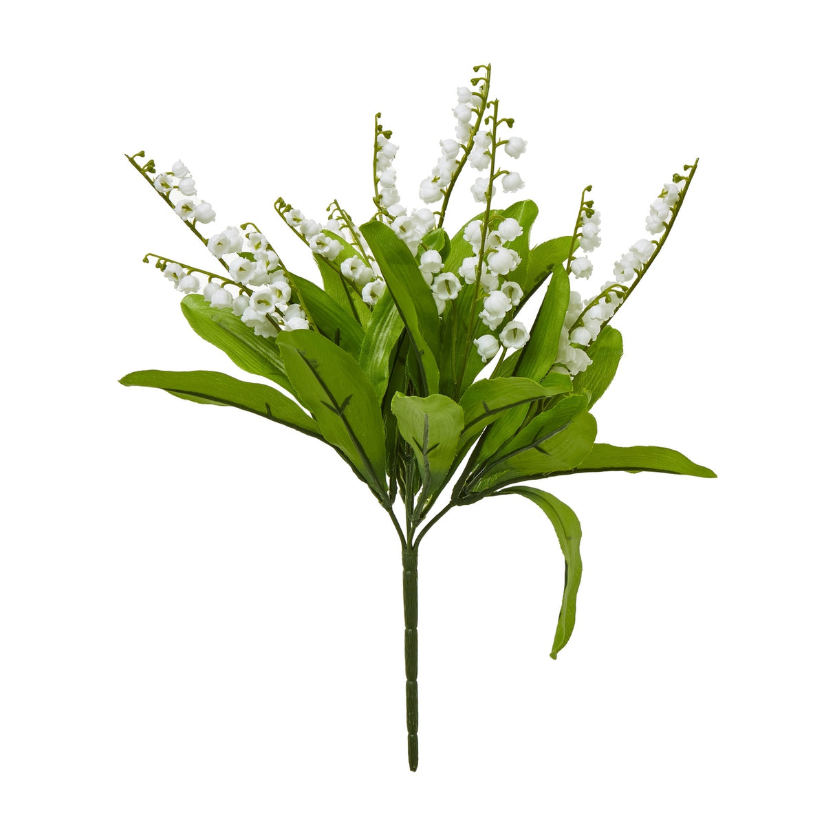 Hill Interiors Lily of the Valley bunch with small white bell-shaped blooms on slim stems and arching green foliage, shown on a plain white background.