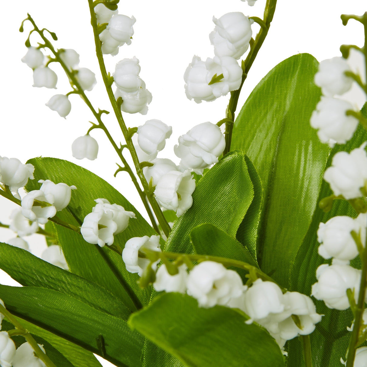 Close-up of Hill Interiors Lily Of The Valley Bunch showing tiny white bell-shaped flowers on slim stems with arching green leaves.