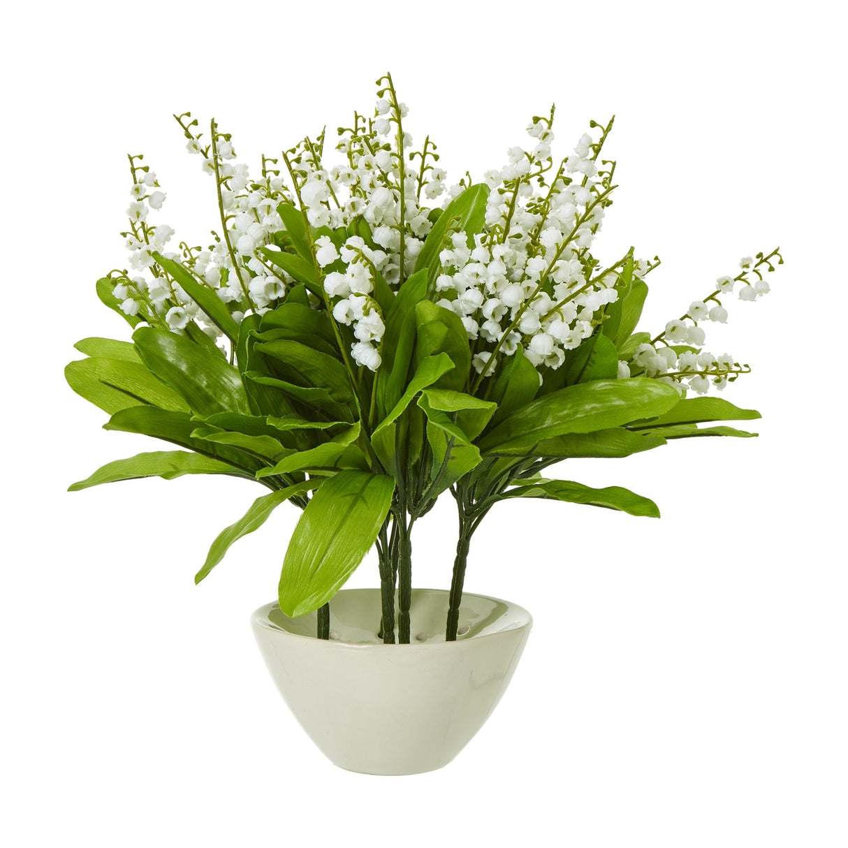 Hill Interiors Lily of the Valley Bunch faux plant with white bell-shaped blooms and green foliage in a small white ceramic bowl on a plain background.