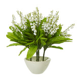 Hill Interiors Lily of the Valley Bunch faux plant with white bell-shaped blooms and green foliage in a small white ceramic bowl on a plain background.