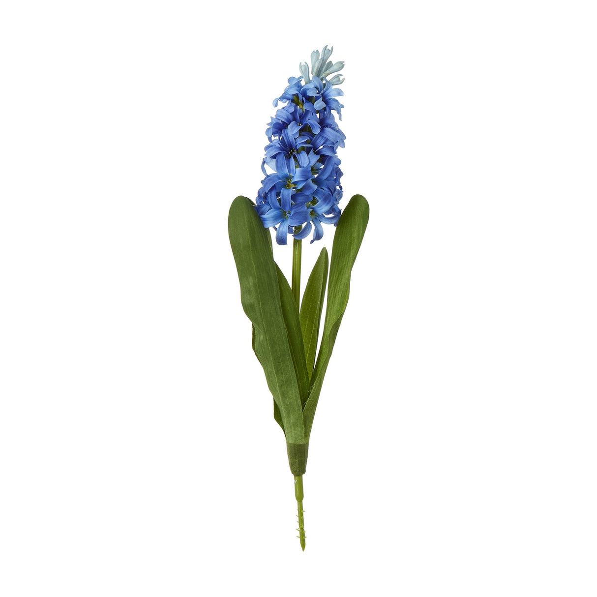 Hill Interiors Blue Hyacinth Stem, a faux flower spike with clustered soft blue florets and slim green leaves, shown against a white background.
