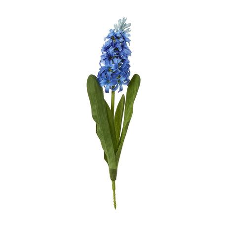 Hill Interiors Blue Hyacinth Stem, a faux flower spike with clustered soft blue florets and slim green leaves, shown against a white background.