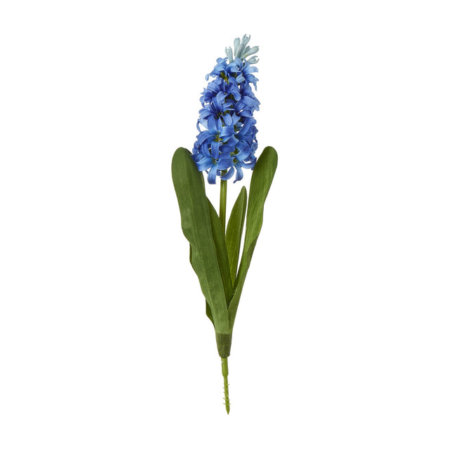 Hill Interiors Blue Hyacinth Stem, a faux flower spike with clustered soft blue florets and slim green leaves, shown against a white background.