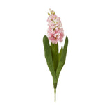 Hill Interiors Pink Hyacinth Stem faux flower with clustered pink florets and green leaves at the base, shown on a plain white background.