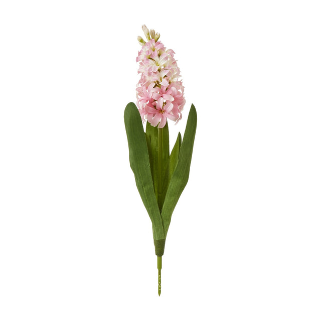 Hill Interiors Pink Hyacinth Stem faux flower with clustered pink florets and green leaves at the base, shown on a plain white background.