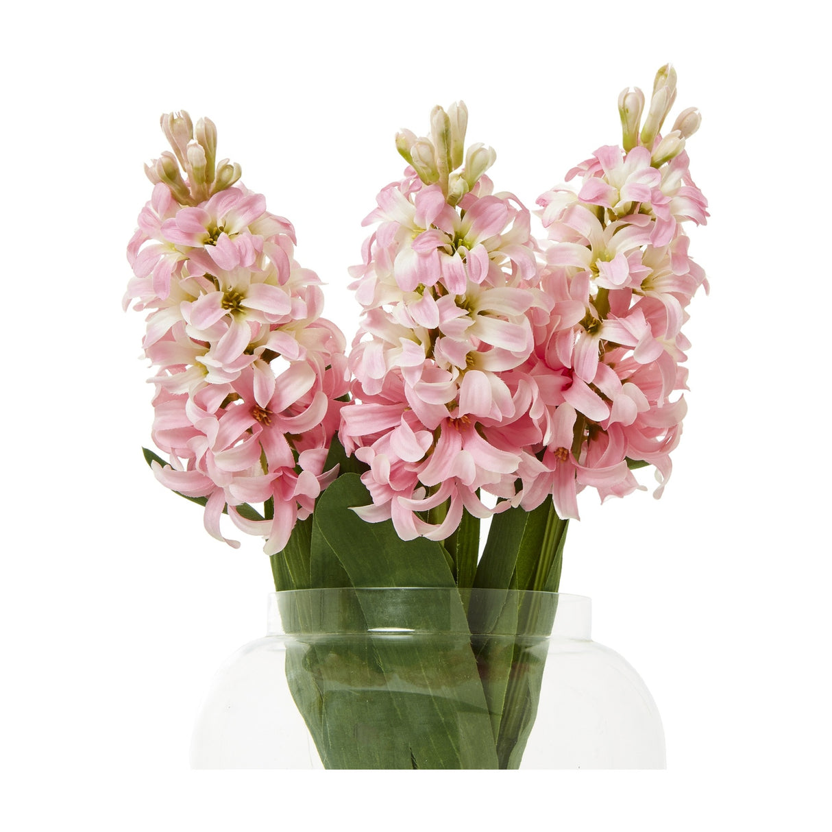 Three Hill Interiors Pink Hyacinth Stems with clustered pink florets and green leaves arranged in a clear glass vase against a white background.