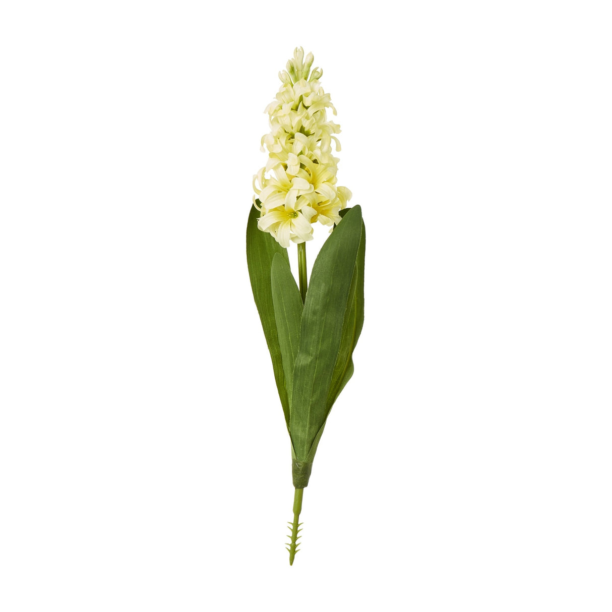 Hill Interiors Yellow Hyacinth Stem, a 44cm faux flower spike with densely clustered buttery yellow florets and green leaves, shown on a white background.