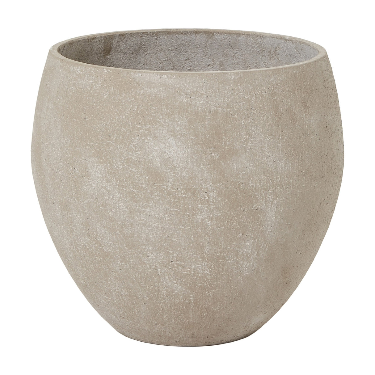 Rounded beige planter from the Hill Interiors Kyros Shaded Sand Set of 3, showing its shaded sand finish and tapered form on a white background.