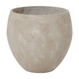 Rounded beige planter from the Hill Interiors Kyros Shaded Sand Set of 3, showing its shaded sand finish and tapered form on a white background.