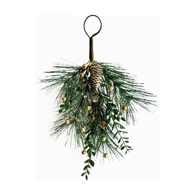 Hill Interiors Christmas Soft Gold Teardrop Swag with pine needles, gold berries and pinecones, hung by a wire loop against a white background.