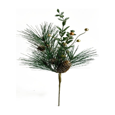Hill Interiors Christmas Soft Gold Spray with pine needles, green foliage, soft gold berries and textured pinecones, shown against a plain white background.