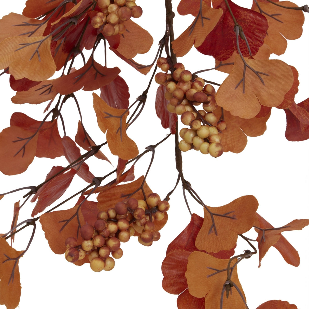 Close-up of Hill Interiors Large Autumn Spray With Berries showing brown ginkgo-style leaves and clustered berries on slender stems against a white background.