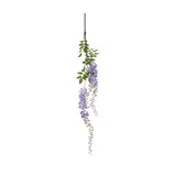 Hill Interiors Large Purple Wisteria Spray with cascading lilac blooms and green leaves trailing from a slender stem on a plain white background.