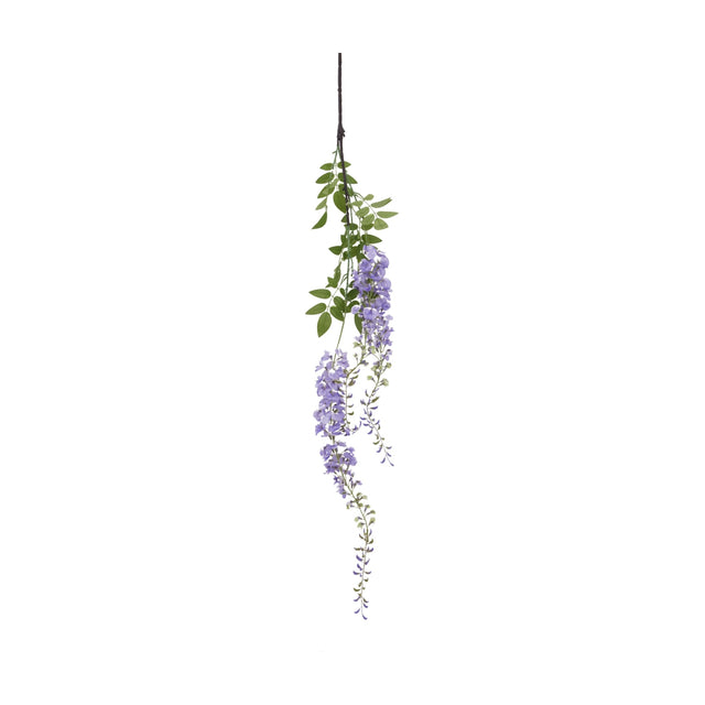 Hill Interiors Large Purple Wisteria Spray with cascading lilac blooms and green leaves trailing from a slender stem on a plain white background.